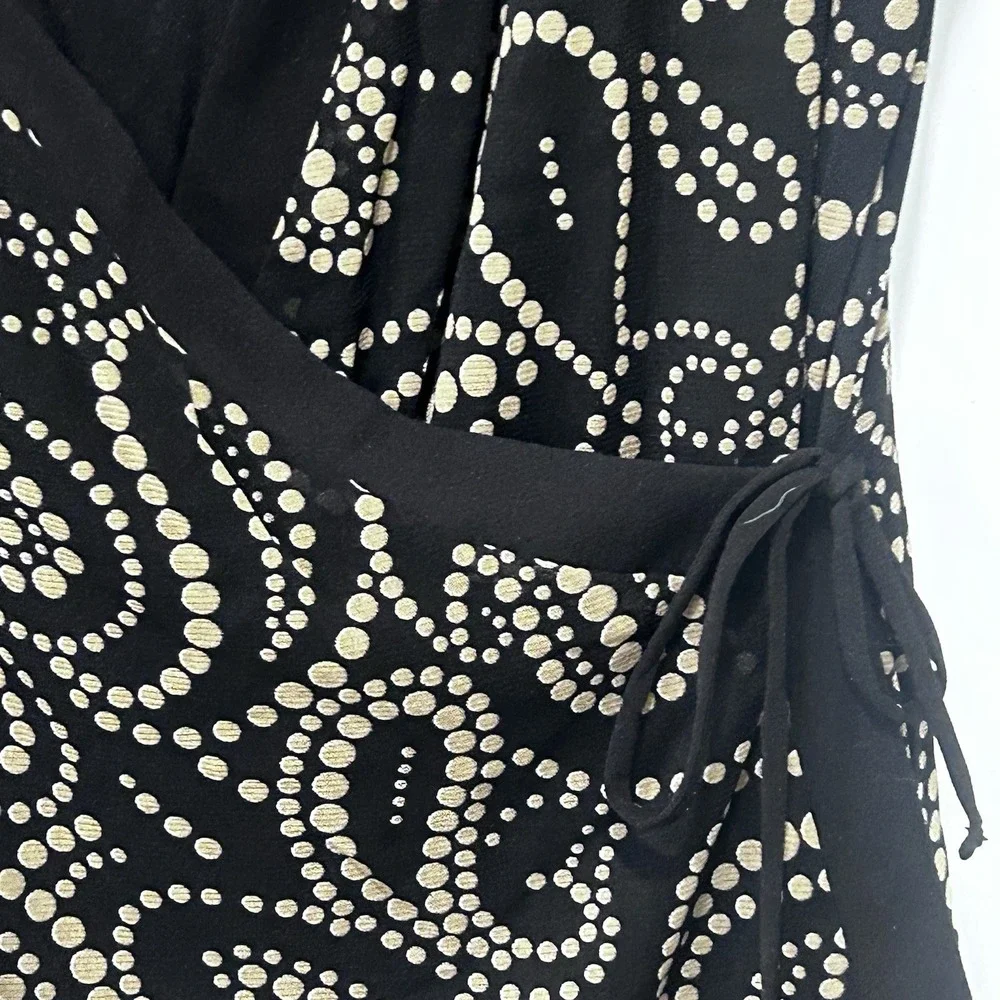 INC International Concepts Black Faux Wrap Blouse Beige Dot Paisley Pattern M